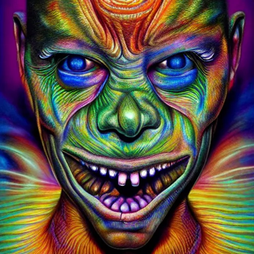 Image similar to hyperrealism realistic lsd detailed 3 d scary pyschedelic trippy nightmare face in the style of alex grey and pablo amaringo and david normal