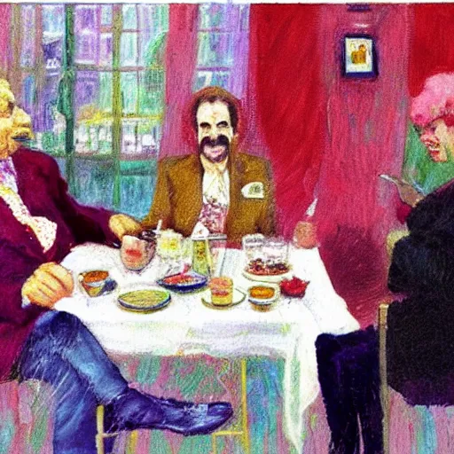 Image similar to frank zappa having a tea party with the queen and elton john, impressionist style,