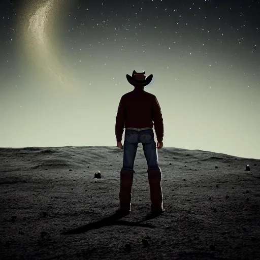 Image similar to cowboy standing on the moon, looking up at earth among the stars, photorealistic, octane render, blender render, unreal engine, 3 5 mm