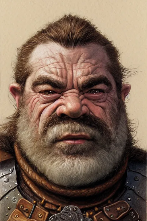 Image similar to head and shoulders portrait of a dwarf adventurer, mouth scar, grandfatherly, veteran, leather armor, male, high fantasy, d & d, by donato giancola, face details, extremely detailed, digital illustration