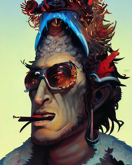 Prompt: a portrait of our lord and saviour beelzebub, ruler of the demons, king of the flies, a motherless heathen who brings misery, pretty rad guy to be honest by rhads by greg tocchini, by james gilleard, by joe fenton