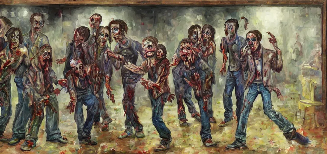 Prompt: Zombies in an art school learning how to paint