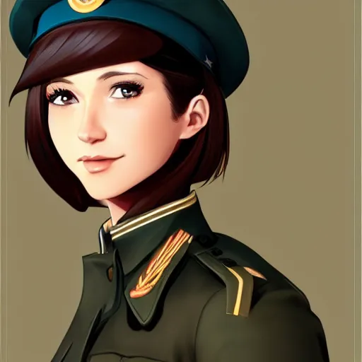 Prompt: portrait bust of young woman with long light brown hair and hazel eyes dressed in a sharp dark teal military uniform with beret, smiling, ilya kuvshinov, anime, ross tran