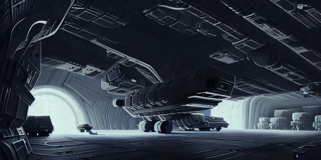 Image similar to an extremely detailed masterpiece epic scene of the inside of a cavernous spaceship cargo bay with various types of parked militarized spacecraft and an opened hanger door space scene in background, in the style of lebbeus woods, intricate, elegant, highly detailed, digital painting, artstation, cinematic lighting, extremely moody lighting, glowing light and shadow, 8 k