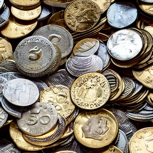 Image similar to a pile of coins on the bottom of the ocean, 50mm