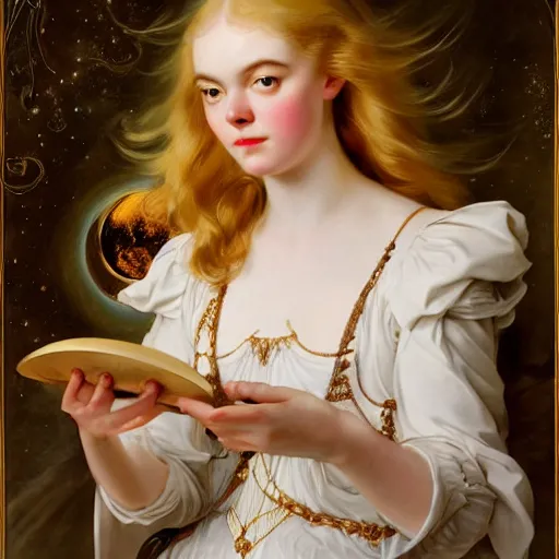 Image similar to Elle Fanning holding the moon, artstation, by J. C. Leyendecker and Peter Paul Rubens,