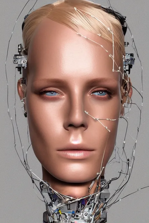 Image similar to robot with human face, female head, full body angle, woman human face, human face realistic, beautiful blonde hair, human head, human head with blonde hair, blonde hair human head, blonde hair, human realistic face, human head skin, cyborg frame concept, cyborg by ales-kotnik, sci-fi android female, the body is made of wires, robotic body, cyborg body, cyborg bust body, robot body cyborg, full body