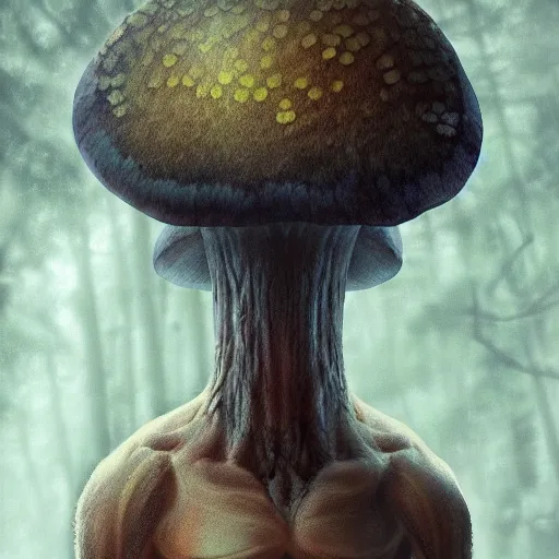 Prompt: a mushroom creature, humanoid face, photorealistic, full body, artistic, forest colors