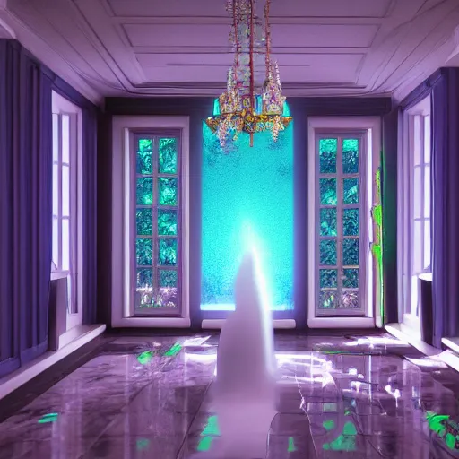 Prompt: vaporwave mansion, liminal space, high detail, rendered in unreal engine, 3d render, god rays, volumetric lighting, large windows, vegetation