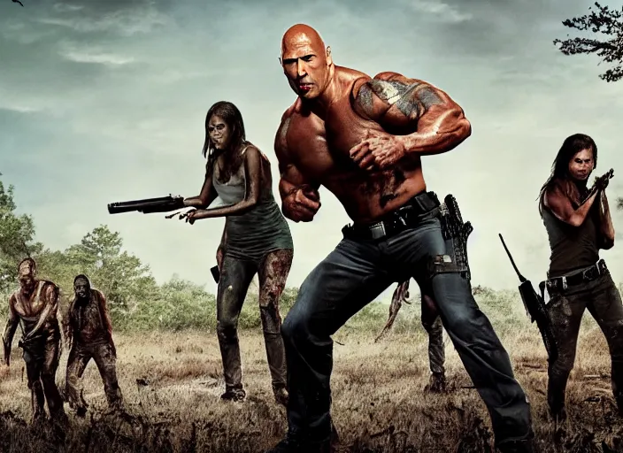 Image similar to film still of dwayne the rock johnson fighting zombies in the new walking dead tv series, 4 k