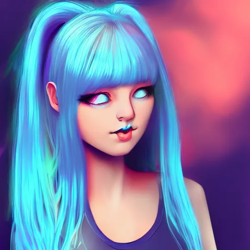 Image similar to pretty girl with blue hair, lo - fi girl, digital artist desk, hd photo of a pretty girl, trending on artstation