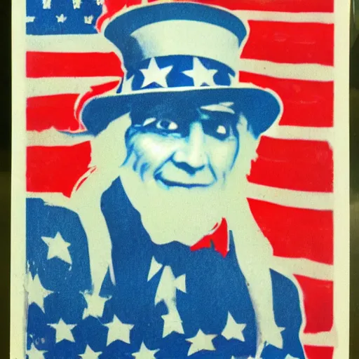 Prompt: uncle sam, 3 5 mm photo, american flag in the background