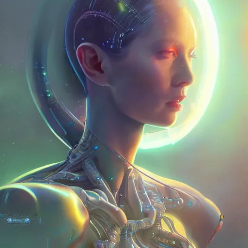 Image similar to alien cybernetic holographic princess, detailed portrait, intricate complexity, by greg rutkowski, artgerm, ross tran, conrad roset, takato yomamoto, ilya kuvshinov. 4 k, beautiful, cinematic dramatic atmosphere