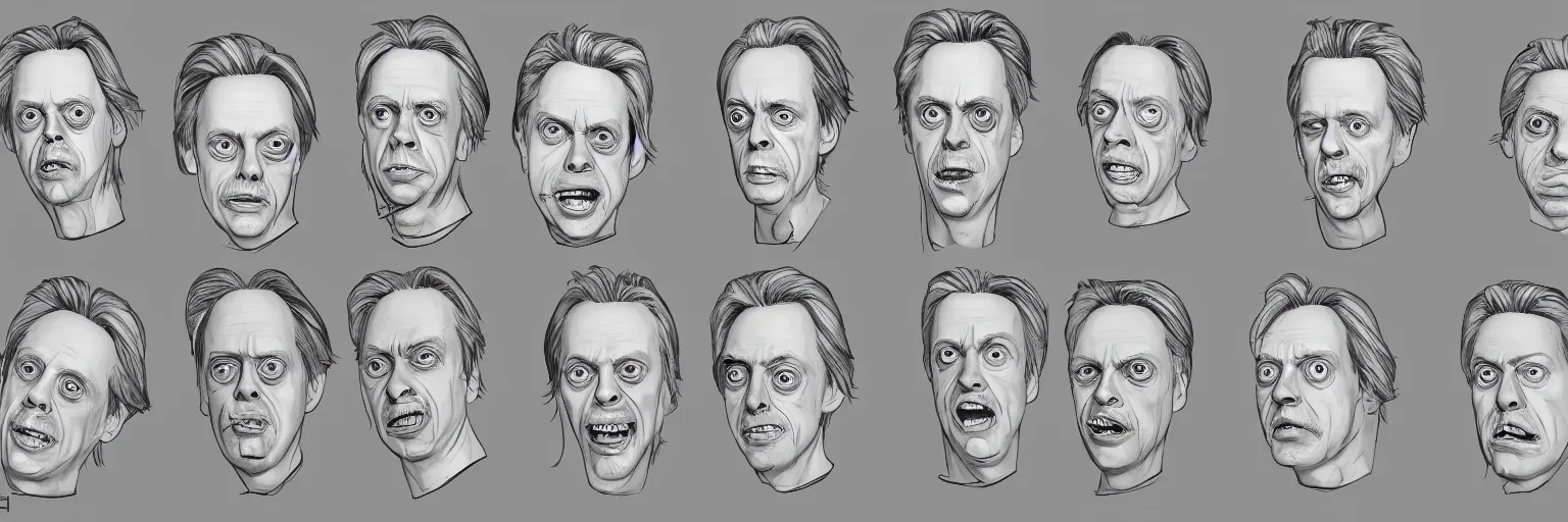 Image similar to character study of steve buscemi and gary busey, clear faces, wild, crazy, character sheet, fine details, concept design, contrast, kim jung gi, pixar and da vinci, trending on artstation, 8 k, full body and head, turnaround, front view, back view, ultra wide angle