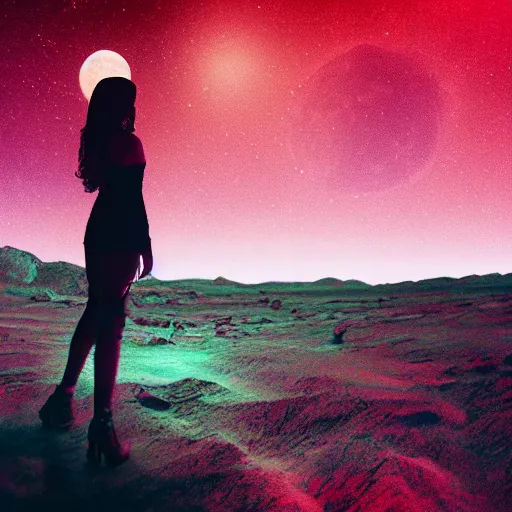 Image similar to A sad spiritual witch standing on mars looking at camera, distant background, red lighting, ominous, moonlight, bokeh, synthwave, psychedelic, glitch, acrylic, flooko, detailed,