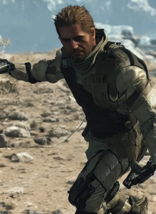 Image similar to film still of paul walker as snake in metal gear solid the phantom pain, gameplay, 8 k, hd