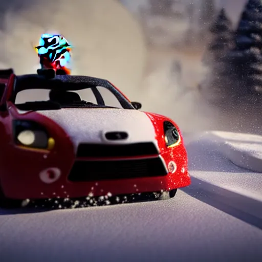 Prompt: Santa Clause driving a rally car he is going fast there is smoke coming from the tires there is snow on the track, octane render, realistic lighting, realistic shadows, highly reflective, photo realistic, hyper realistic