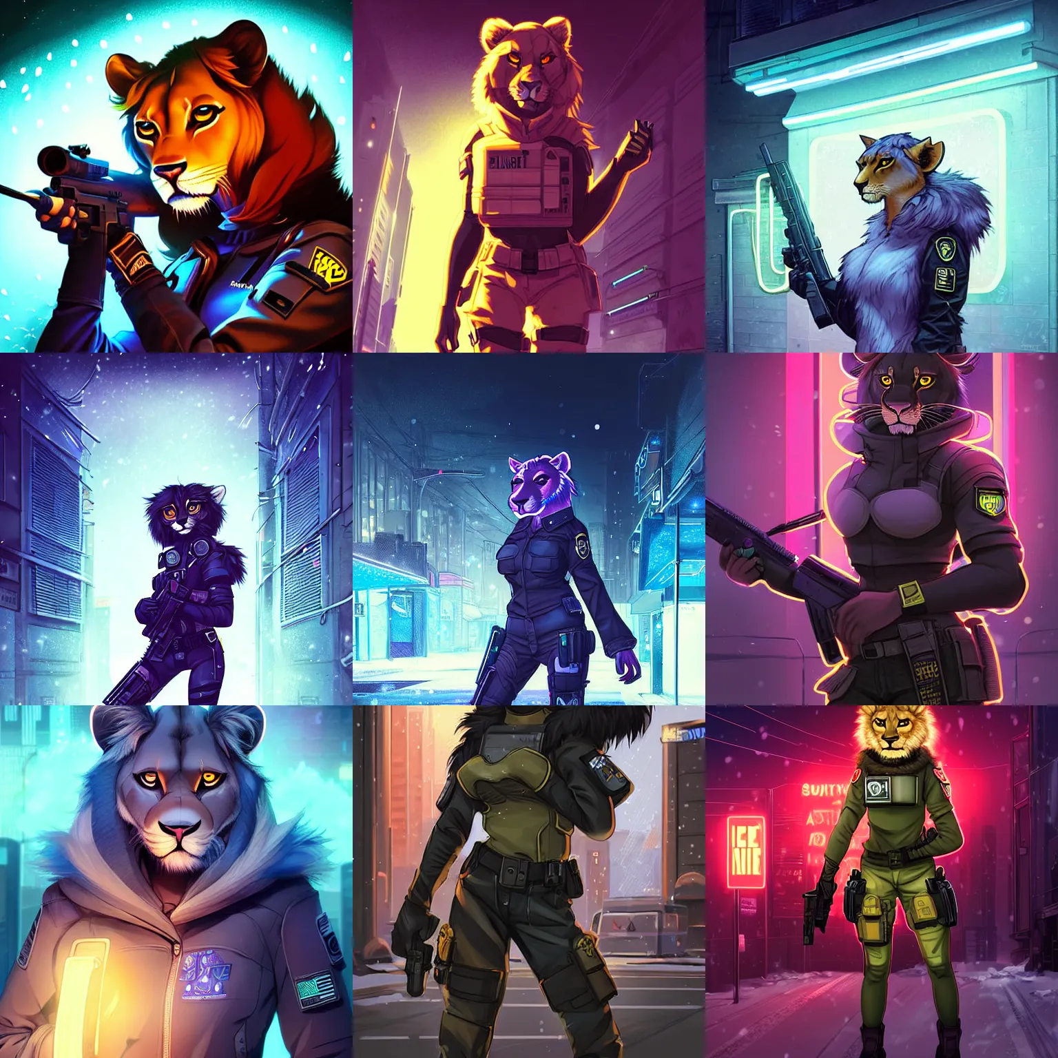 Prompt: beautiful furry art portrait commission of a female furry anthro lioness fursona wearing a tactical swat uniform in the streets of a cyberpunk city at night in the snow. neon light. character design by charlie bowater, ross tran, artgerm, and makoto shinkai, detailed, inked, western comic book art