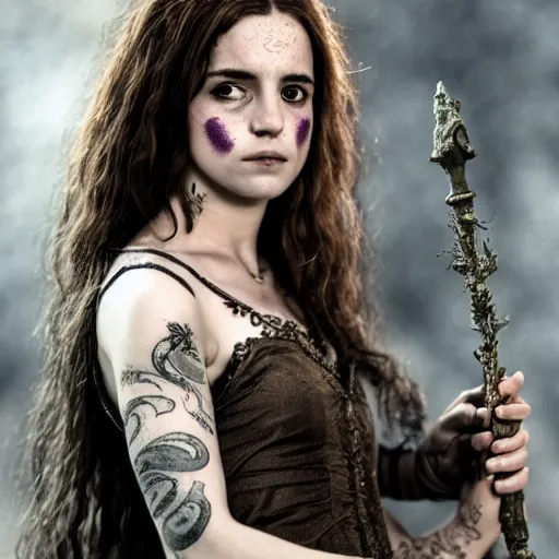 Hermione in tattoos conjuring with a magic wand, by, Stable Diffusion