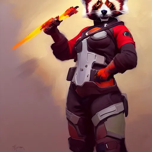 Image similar to greg manchess portrait painting of red panda as overwatch character, medium shot, asymmetrical, profile picture, organic painting, rainy day, matte painting, bold shapes, hard edges, street art, trending on artstation, by huang guangjian and gil elvgren and sachin teng