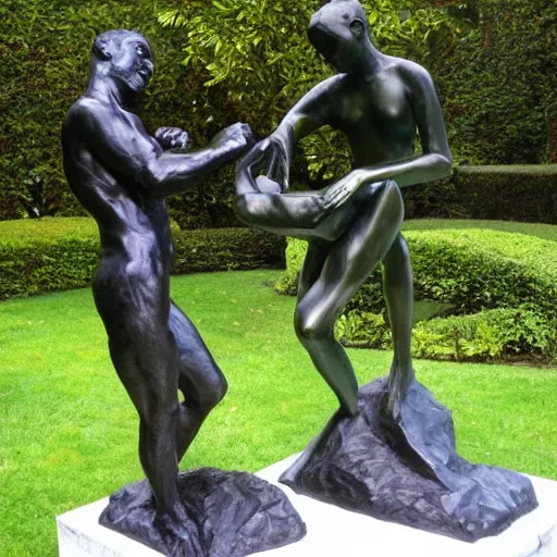 Prompt: sculpture, the conversation. surrealist, bronze statues, auguste rodin