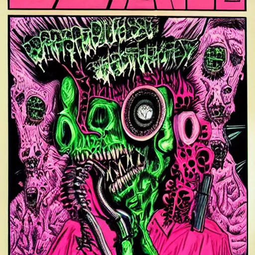 Image similar to garbled monstrosity, 1983 punk art, painted cover abject horror, dark pink and green, detailed, intricate, bizarre, bright, 80s sci fi weird artwork, dystopian