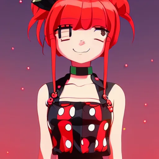 Prompt: portrait of a ladybug gijinka with red hair and space buns wearing a polka dot top and black skirt bearing her fangs in the style of mika pikazo and ilya kuvshinov, anime key visual, digital art