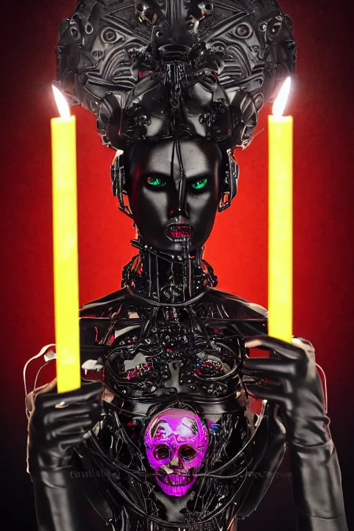 Image similar to full-body cyberpunk style sculpture of a young beautiful dark priestess, half android with a head opening exposing circuitry, glowing red eyes, black roses, flowing blood red colored silk, fabric, candles. baroque elements, human skull. full-length view. baroque element. intricate artwork by Caravaggio. crows flying in background. Trending on artstation, octane render, cinematic lighting from the right, hyper realism, octane render, 8k, depth of field, 3D