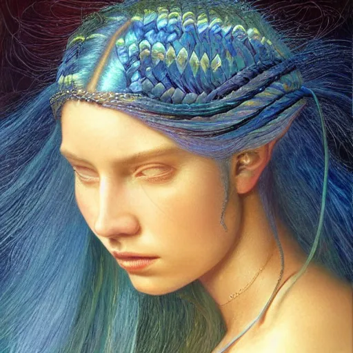 Prompt: A beautiful portrait of a woman with iridescent skin by James C. Christensen, scenic environment, blue braided hair