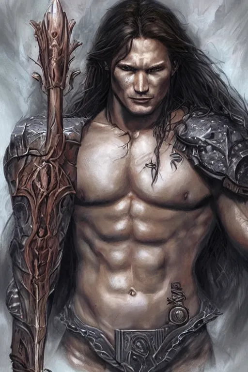 Prompt: face and torso portrait of pretty muscular sam winchester as a dark mage warrior tattooed, d & d!, fantasy style, sharp focus!, ultra detailed, art by artgerm and peter andrew jones, wlop