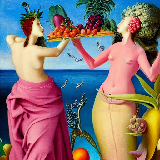 Image similar to a highly detailed oil painting of 2 pink dolphin queens ruling a cheese kingdom surrounded by exotic fruits and plants, surreal, 4 k, trending on art station, in the style of dali, boch, matisse caravaggio, comical