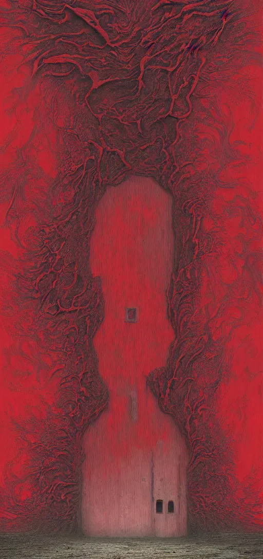 Image similar to huge detailed red door standing in wasteland in style of zdzisław beksinski, fractal patterns,