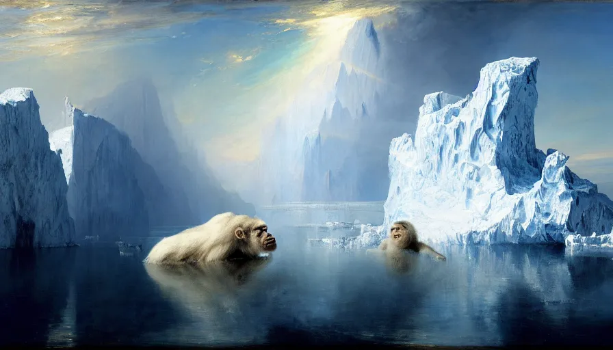 Prompt: highly detailed painting of white giant gorilla cats with large feathered wings on a blue and white iceberg by william turner, by greg rutkowski, by william constable, thick brush strokes and visible paint layers, 4 k resolution