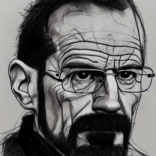 Prompt: a realistic yet scraggly portrait sketch of the side profile of a stern and sophisticated walter white, trending on artstation, intricate details, in the style of frank auerbach, in the style of sergio aragones, in the style of martin ansin, in the style of david aja, in the style of mattias adolfsson