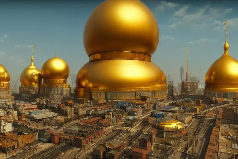 Prompt: dystopian russian cityscapes, golden domes, 8k, hyperrealistic, ultra sharp, octane render, unreal engine, light breaks through the roofs, artstation, very detailed, 16k, cinematic scenery,