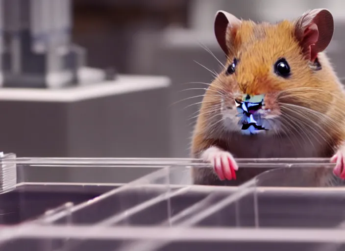 Image similar to film still of a hamster working in a research lab filling test tubes, 8 k