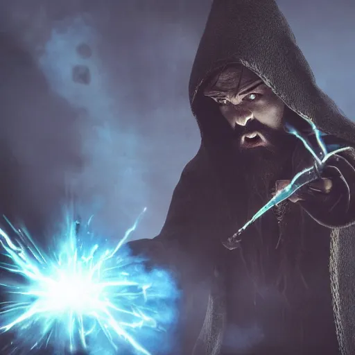 Image similar to dark wizard casting spell, alchemist lab, hyperrealistic, cinematic atmosphere, high definition, epic