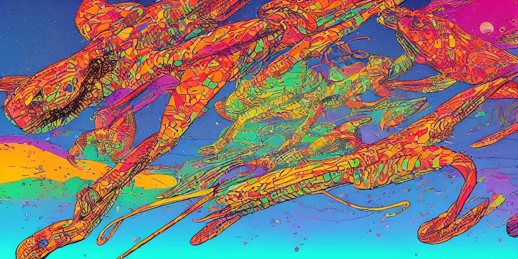 Prompt: electric cats that fly over ice, a lot of tv screens around, shrimps are all over the ground, acid and dreaming psychedelic hallucinations, by moebius and jean giraud, colorful flat surreal design, hd, 8 k, artstation