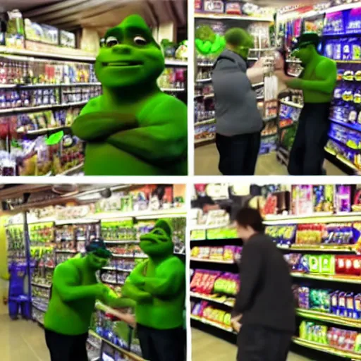 Prompt: cctv footage of shrek at a convenience store