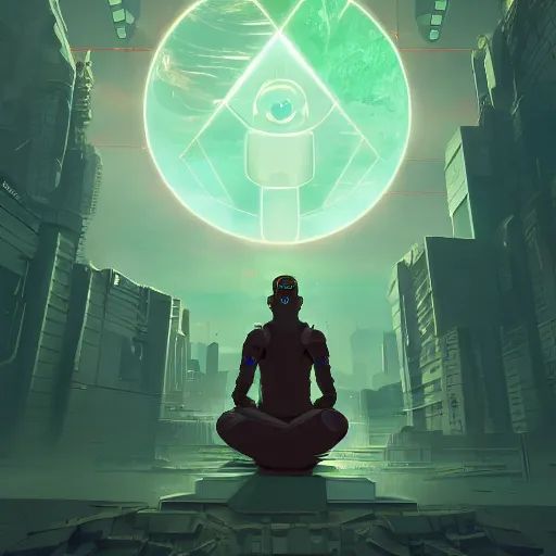 Prompt: a cyberpunk explorer meditating next to a floating triangular glowing monolith with one eye, highly detailed, midnight, by josan gonzalez and max prentis, 8 k wallpaper