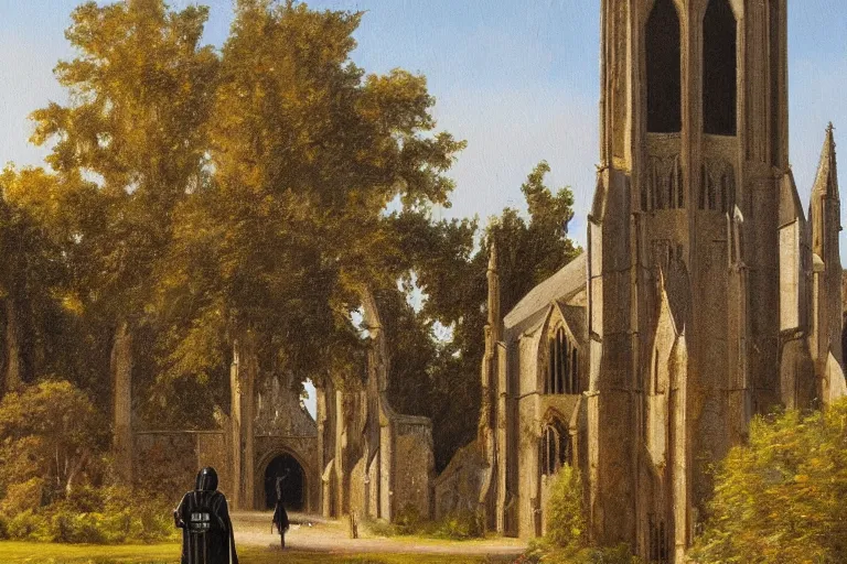 Image similar to a detailed oil painting of darth vader leaving a quaint medieval flint church, english, churchyard, trees, golden hour, lead - covered spire, realistic architecture