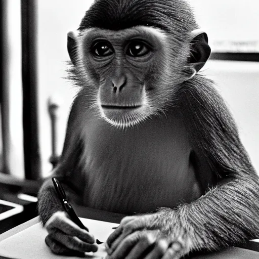 Prompt: a monkey writing a bestseller on a 8 0 s computer, smoking a cigarette. black and white. 1 9 2 0 aesthetic. old film grain. soft light from a table lamp. high detailed film look.