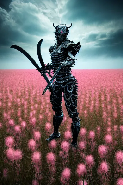 Image similar to hyperrealistic neo - gothic muscular human demon hybrid, exoskeleton armor, holding katana, standing in a field of pink flowers, highly detailed smooth concept art masterpiece, vitaly bulgarov dramatic dark teal light, ground angle hd 8 k, sharp focus