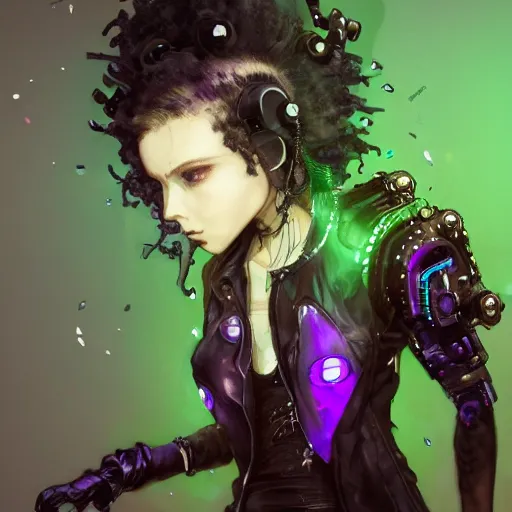 Prompt: highly detailed portrait of a punk young lady with a wild purple curly hair and small cybernetic face modifications, by Akihiko Yoshida, Greg Tocchini, Greg Rutkowski, Cliff Chiang, 4k resolution, nier:automata inspired, bravely default inspired, vibrant green, brown, purple and black color scheme!!! ((Sewer rave club dancing background))