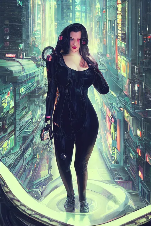 Image similar to portrait futuristic Kat Dennings, in future cyberpunk tokyo rooftop , sci-fi, fantasy, intricate, very very beautiful, elegant, neon light, highly detailed, digital painting, artstation, concept art, smooth, sharp focus, illustration, art by tian zi and WLOP and alphonse mucha