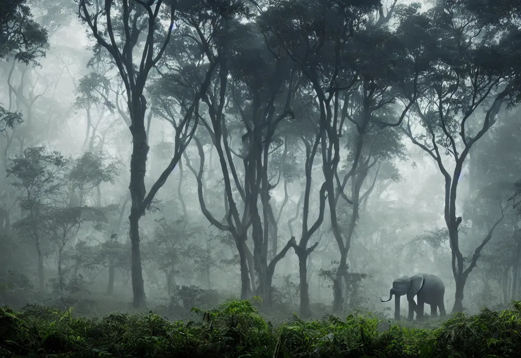 Image similar to an enormous elephant king, in a jungle with ominous light from above, ambient light, fog, river, very poetic