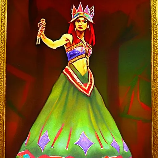 Prompt: Gerudo Link winning the Miss America Pageant. Oil painting, Nintendo, on stage, dynamic lighting.