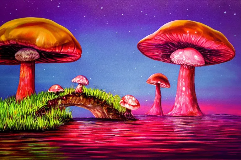 Image similar to a painting of giant mushrooms with next to a small bridge, flowing water, digital art, scenic, reds, purples, pink, reflections, blue lighting, glow's in side the mushrooms, complex background, chill,