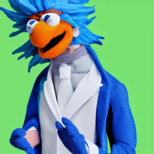 Prompt: rick sanchez with blue hair, wearing a white lab coat as a muppet. hyper real. 4 k. very detailed.