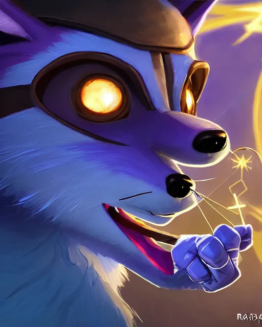 Image similar to closeup, highly detailed digital illustration portrait of hooded necromancer sly cooper rocket the raccoon casting a magical energy sparkling blue glowing spell in an ancient castle, action pose, d & d, magic the gathering, by rhads, frank frazetta, lois van baarle, jean - baptiste monge, disney, pixar,